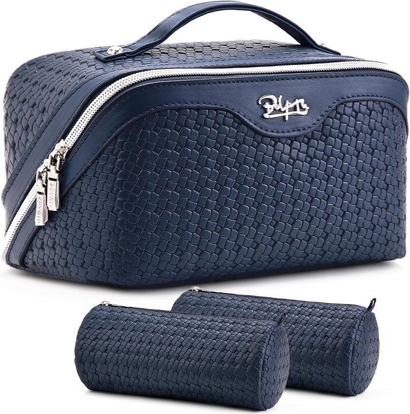 BOYATU Travel Makeup Bag Cosmetic Bags for Women: Large Capacity 3 Pcs Set Make up Bag with Compartments - Waterproof Vegan Leather Toiletry Organizer Bags with Handle (L40 Blue) - Image 1
